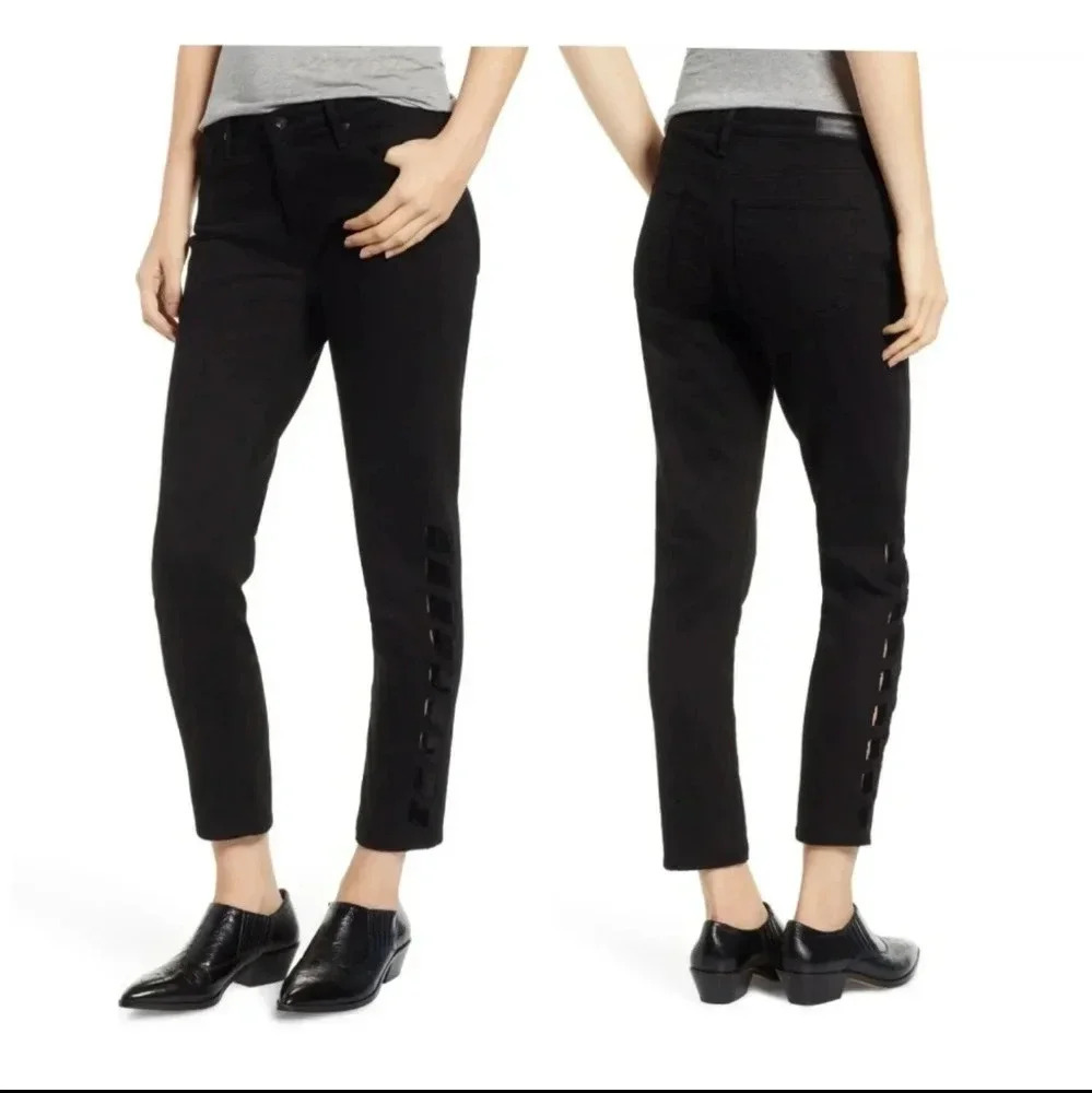 New AG The Prima Cropped with Intertwined Sides Ankle Jeans Black Size 25